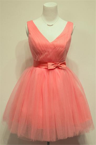 Cute Watermelon V-Neck Mini Homecoming Dress with Bowknot Lace-up Tiered Ruffle Short Bridesmaid Dresses_1