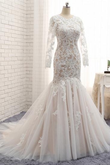 TsClothzone Elegant Longsleeves Jewel Mermaid Wedding Dresses Champagne Tulle Bridal Gowns With Appliques On Sale_4