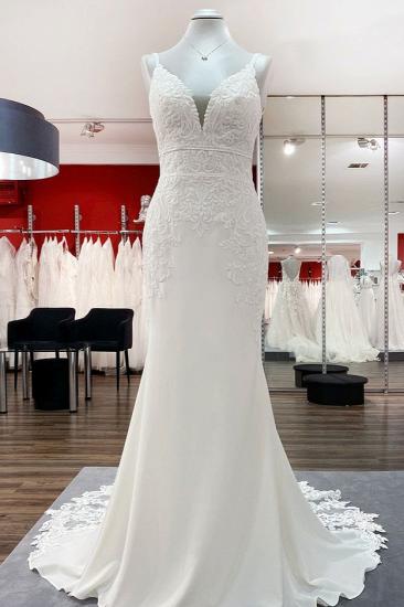 Romantische Meerjungfrau-Brautkleider mit V-Ausschnitt, ärmelloses, weiches Spitzen-Hochzeitskleid_1