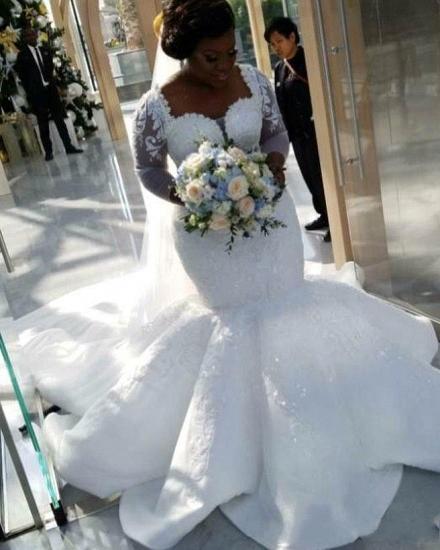 Luxury Mermaid Lace Wedding Dresses | Chapel Train Long Sleeves Appliques Bridal Gowms_3