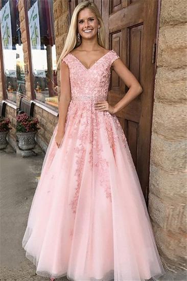 Amazing Pink Off-the-Shoulder Prom Dresses | Applique Crystal Sleeveless Evening Dresses with Belt_1