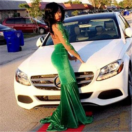 Gorgeous Green Long-Sleeve Lace Appliques Split Mermaid Prom Dress_2