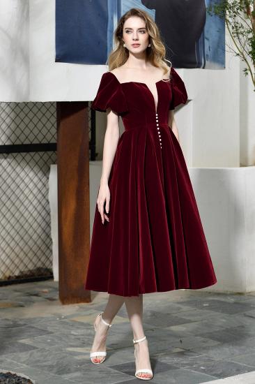 Arick | Unique Burgundy Bubble Sleeve V-neck Velvet Short Prom Dress_7