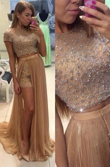 Latest Short Sleeve Beading Evening Gown Two Piece Crystal Prom Dress with Detachable Train_2