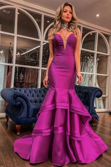 Elegant Strapless Deep V-neck Mermaid Prom Dresses Online with Romantic Ruffles