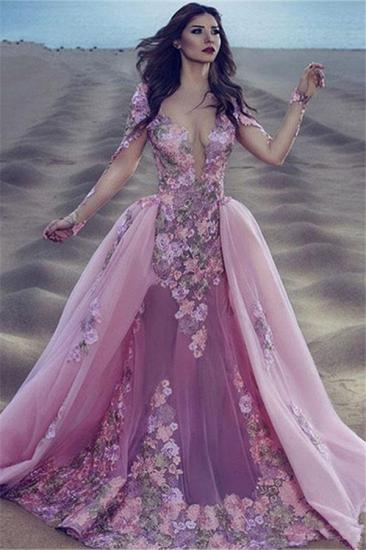Long Sleeve Pink Prom Dress 2022 Sheer Tulle Overskirt Appliques Gorgeous Evening Dress_1