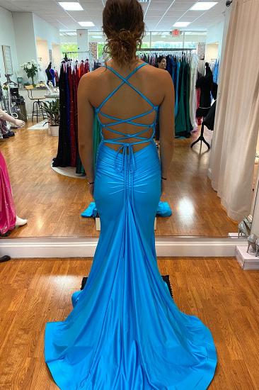 Sleeveless blue mermaid elastic satin prom dress_2