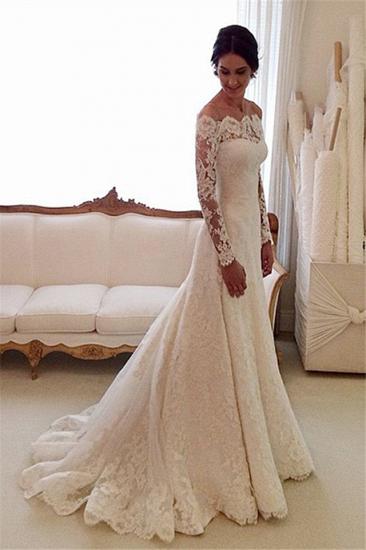 Weiß Schulterfrei Spitze Langarm Brautkleider Mantel Günstige Einfache Maß Brautkleider