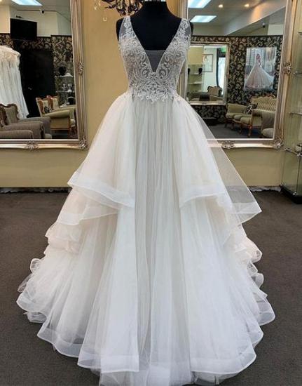 TsClothzone Glamorous White Tulle Lace Ruffles White Wedding Dress Sleeveless Appliques Bridal Gowns On Sale_3