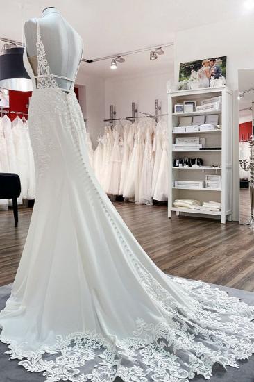 Romantische Meerjungfrau-Brautkleider mit V-Ausschnitt, ärmelloses, weiches Spitzen-Hochzeitskleid_3