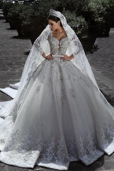 Glamorous Long Sleeves Tulle Appliques Wedding Dresses ｜Crystal Bridal Ball Gowns with Bow