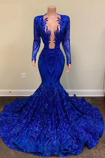 Sexy Long Sleeve Royal Blue V Neck Long Sleeve Mermaid Prom Dresses_1