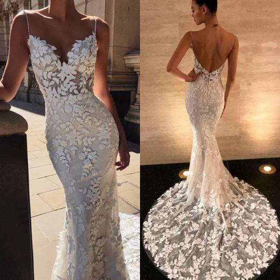 Sexy Spaghetti-Straps Lace Appliques Wedding Dress Mermaid Bridal Gowns_4