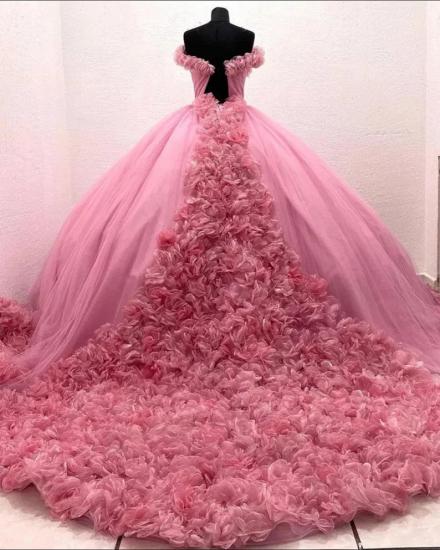 Wunderschönes rosafarbenes, trägerloses Ball-Partykleid aus Tüll mit Blumenverzierung_2