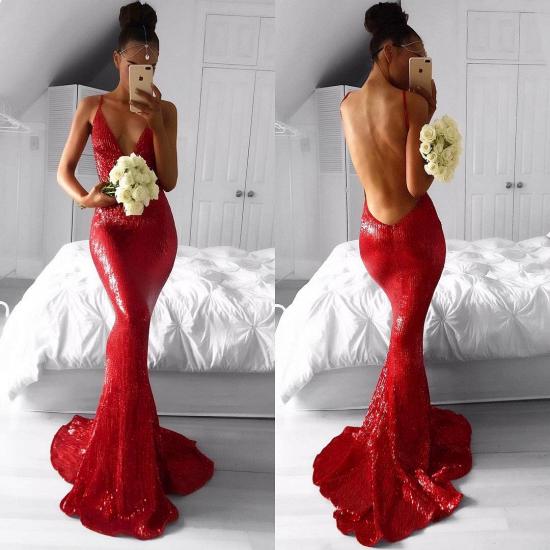 Sexy rote Meerjungfrau-Abschlussballkleider mit tiefem V-Ausschnitt 2022 rückenfreie Abendkleider mit Pailletten_3