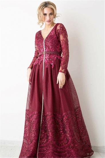 Burgundy Long Sleeve Evening Dress 2022 V-neck Beads Lace Appliques Popular Prom Dresses_3