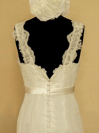 2022 Elegant V-neck Lace Wedding Dress Mermaid Long Train Bridal Gowns with Beading Sash_5