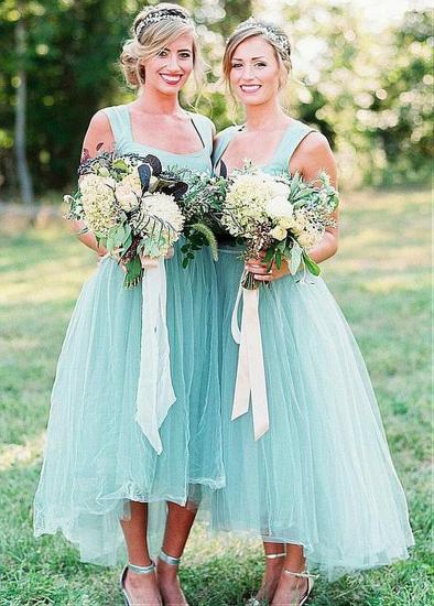 Mint Tulle Suqare  Hi-lo A-line Bridesmaid Dress With Belt