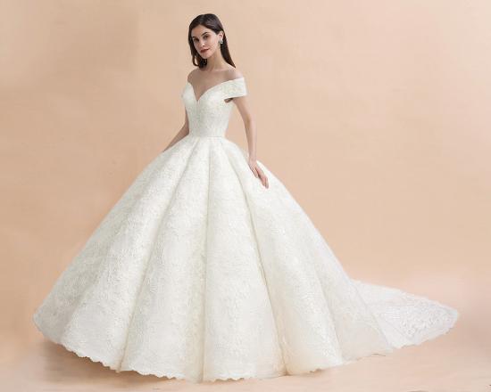 Off Shoulder Floor Length Bridal Gowns Lace Appliques Chapel Train Wedding Dress_8