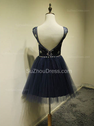 Cute Blue Tulle Mini Cocktail Dresses with Beadings Short Elegant Open Back Fashionable Dresses for Juniors_3