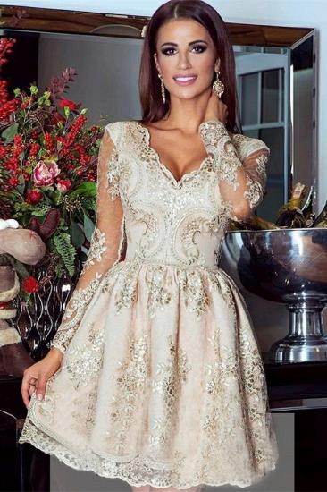 Glamorous Gold  Homecoming Dress | V-Neck Long Sleeves Lace Appliques Short Hoco Dresses