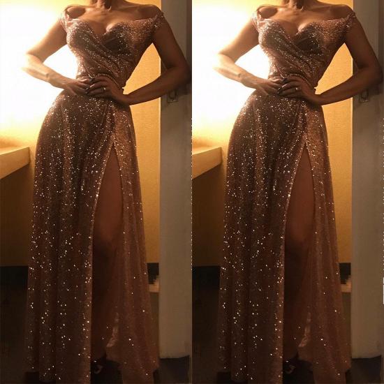 Off The Shoulder Sparkly Gold Sequins Evening Dresses | Sexy Side Slit Prom Dresses_3