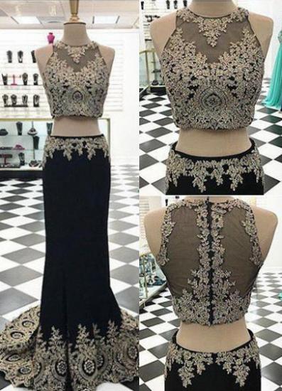 Appliques Crystal Black Mermaid Two-Pieces Sleeveless Prom Dress