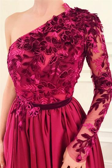 Sexy One Shoulder Front Slit Burgundy Prom Dress | Affordable One Sleeve Appliques Long Prom Dress_2