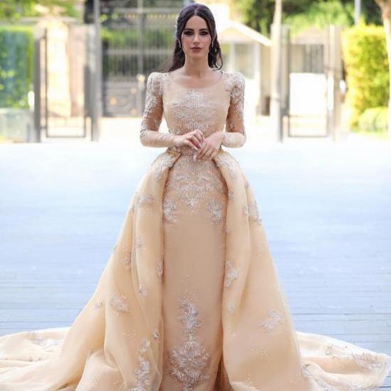 Long Sleeve Appliques Sheath Wedding Dresses | Detachable Lace Train Bridal Gowns_3