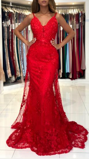 Stunning V-Neck Red Lace Appliques Mermaid Evening Gown_2