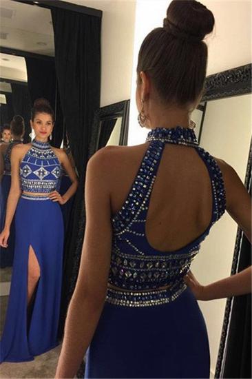 High Collar Beading Two Piece Prom Dress Blue Open Back Split Formal Occasion Dresses_1