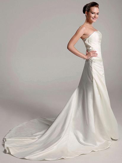Affordable Sheath Strapless Wedding Dress Satin Sleeveless Bridal Gowns with Court Train_2