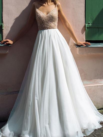 Country A-Line Wedding Dresses V-Neck Tulle Sequined Sleeveless Plus Size Bridal Gowns with Sweep Train_3