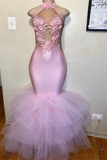 Pink Halter Sleeveless Flower Appliques Tulle Mermaid Prom Dress_1