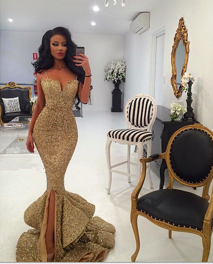 Gold Sequins Mermaid Evening Dress 2022 Sexy Sweetheart Mermaid Prom Dress with Split_2