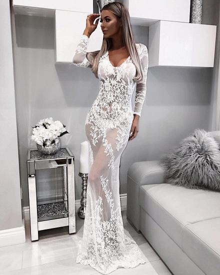 Deep V-neck Sexy Lace Formal Dress 2022 | Long Sleeve See Through Evening Gown_4