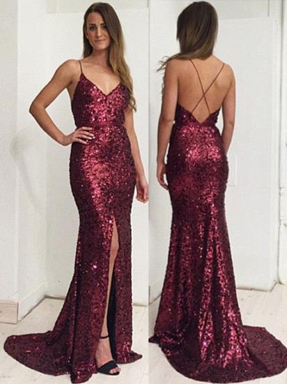 Burgundy Sequins Spaghetti Straps Evening Dress 2022 Front Slit Open Back Prom Dress_2