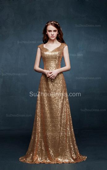 Elegant Gold Sequined Long Prom Dresses Sheer Back Applique Popular Floor Length Custom Made Dresses for Women_3