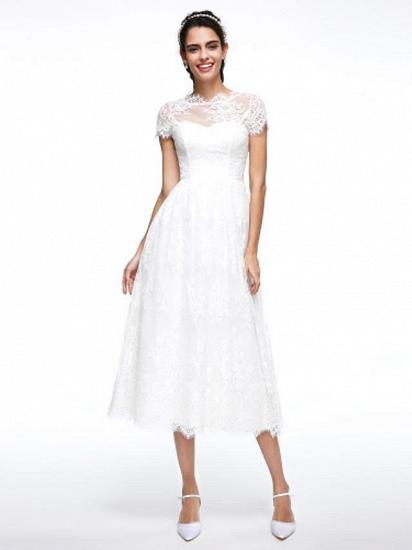 A-Line Wedding Dresses Jewel Neck Tea Length Lace Short Sleeve Simple Casual Illusion  Backless_1