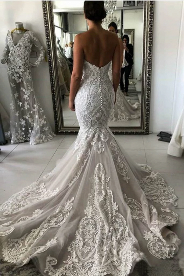 Stunning Sweetheart Ivory Mermaid Lace Wedding Dress Online_2