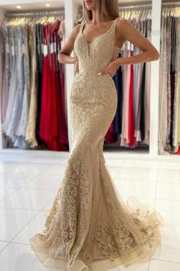 Sexy Deep V-Neck Mermaid Prom Dress with Floral Lace Appliques_1