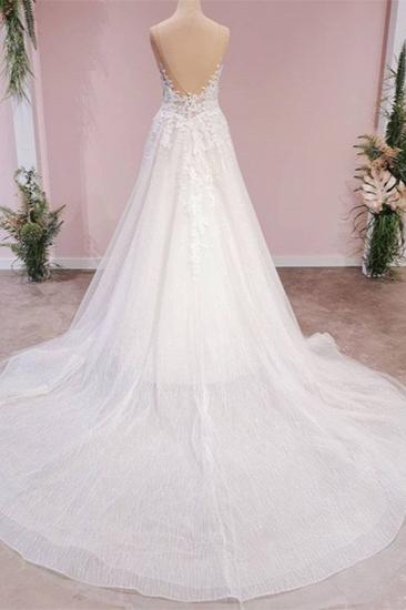 Ärmelloses A-Linie Brautkleid mit floralen Spitzenapplikationen V-Ausschnitt Weißes bodenlanges Brautkleid_2