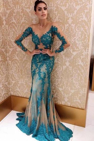 Elegant Long sleeve Illusion neck Blue Lace Appliques Tulle Prom Dress_1