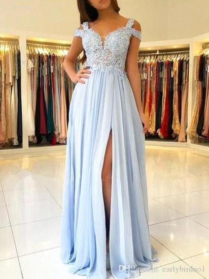 Elegant Off-the-shoulder Low Back Prom dresses with Sexy High Split | Ligh Sky blue Evening Gowns with Lace appliques_1