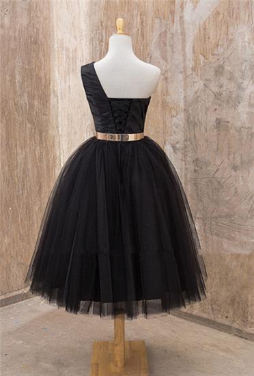 Black One Shoulder Tea Length Prom Dress with Gold Belt Latest Tulle Simple Homeccoming Dress_3