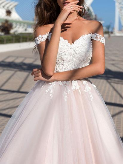Off The Shoulder Tulle Lace Pearl Pink  A-Line Wedding Dresses Long_3