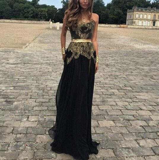 Sexy Belt Golden Gold Applique Black Chiffon New Dresses Lace Prom Evening Gowns_2