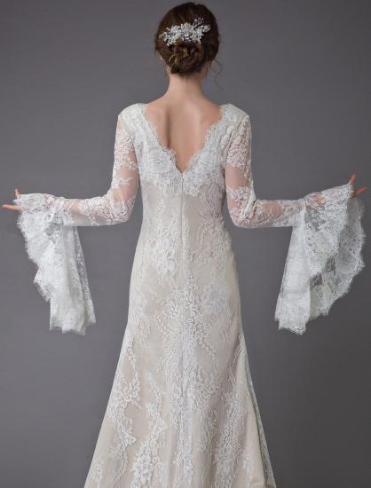 Vintage Deep V Neck Long Sleeves Lace A-Line Wedding Dresses_10