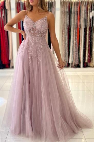 Luxurious Pink Spaghetti Strap Glitter Split Long Evening Dress | Glitter Spaghetti Strap Prom Dress_3