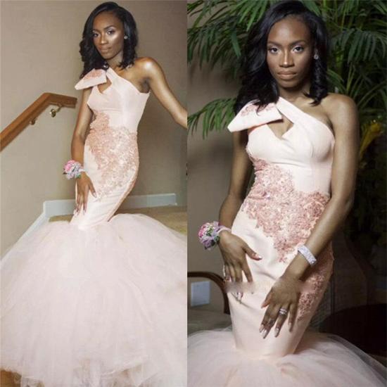 One Shoulder Mermaid Tulle Cheap Prom Dress 2022 | Pink Lace Sleeveless Sexy Long Prom Gown_3